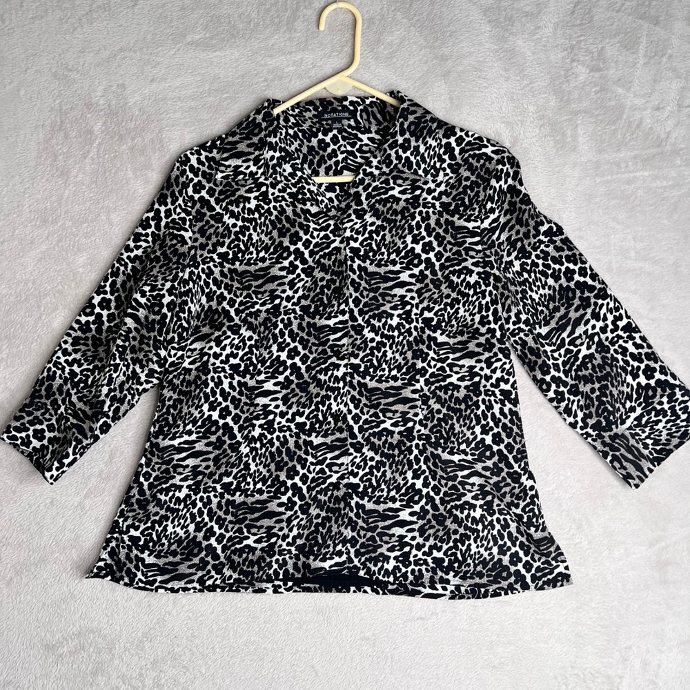 NOTATIONS Womens Leopard Print Button Down Collared Shirt Top Blouse Size L
